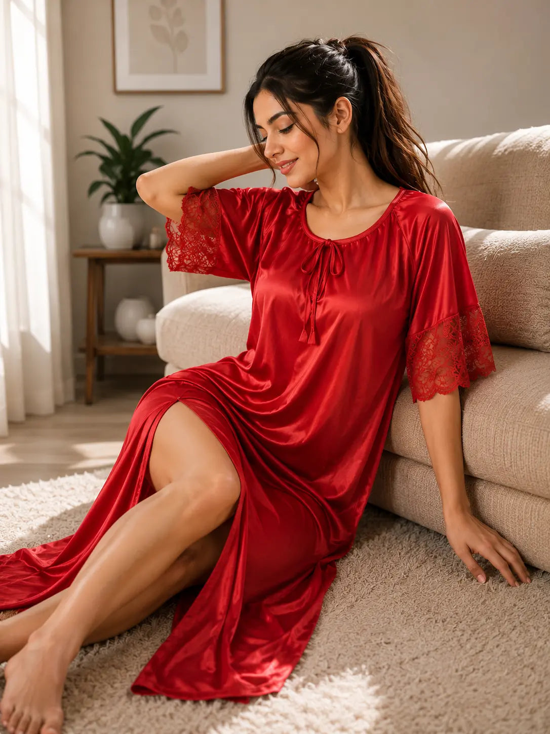 1 Piece Luxury Silk Long Night Gown - Red