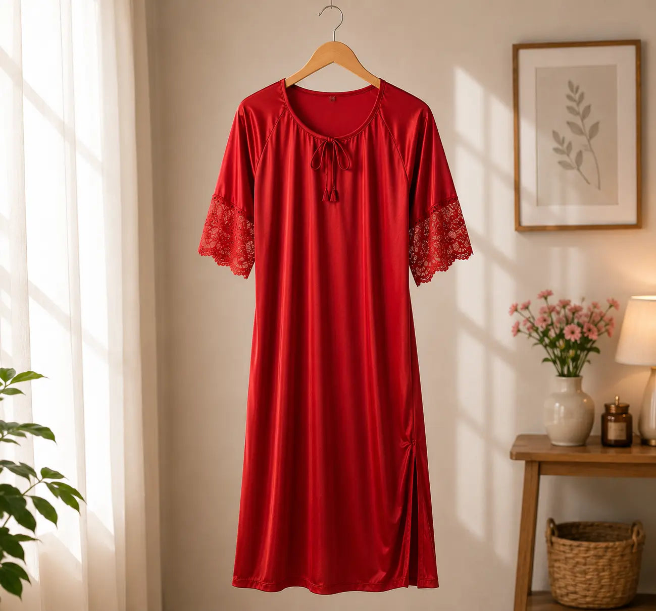 1 Piece Luxury Silk Long Night Gown - Red
