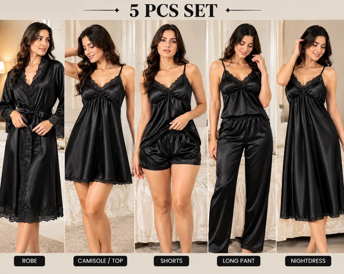 5 Piece Bridal Nighty Set (502) - Black