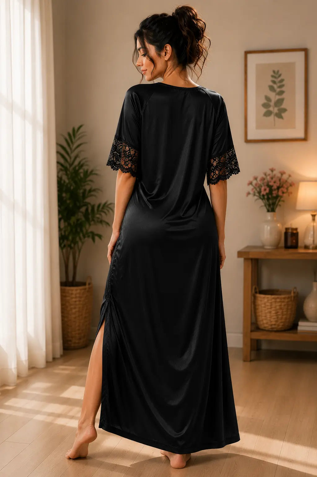 1 Piece Luxury Silk Long Night Gown - Black