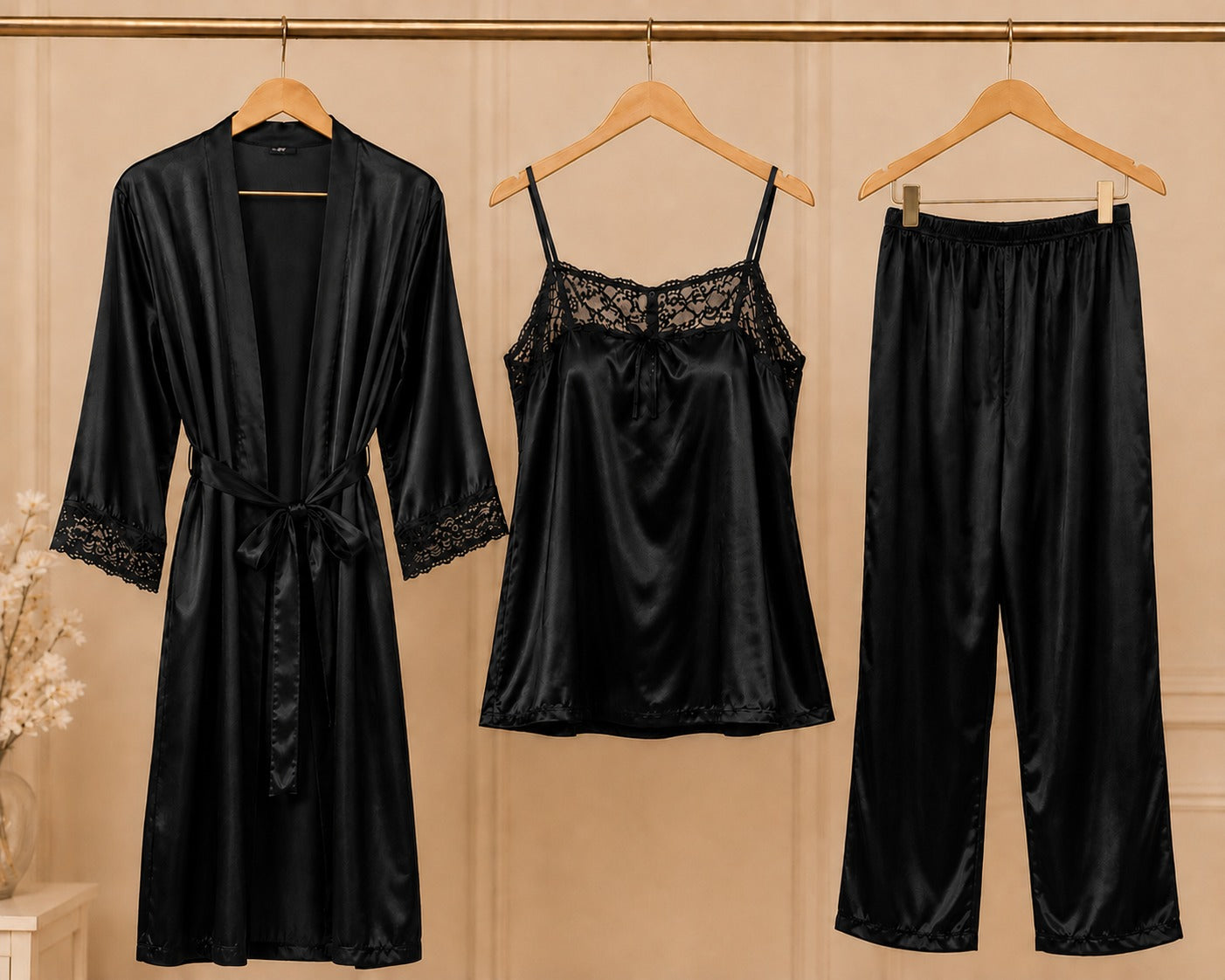 3 Piece Romantic Nighty Set (302) - Black