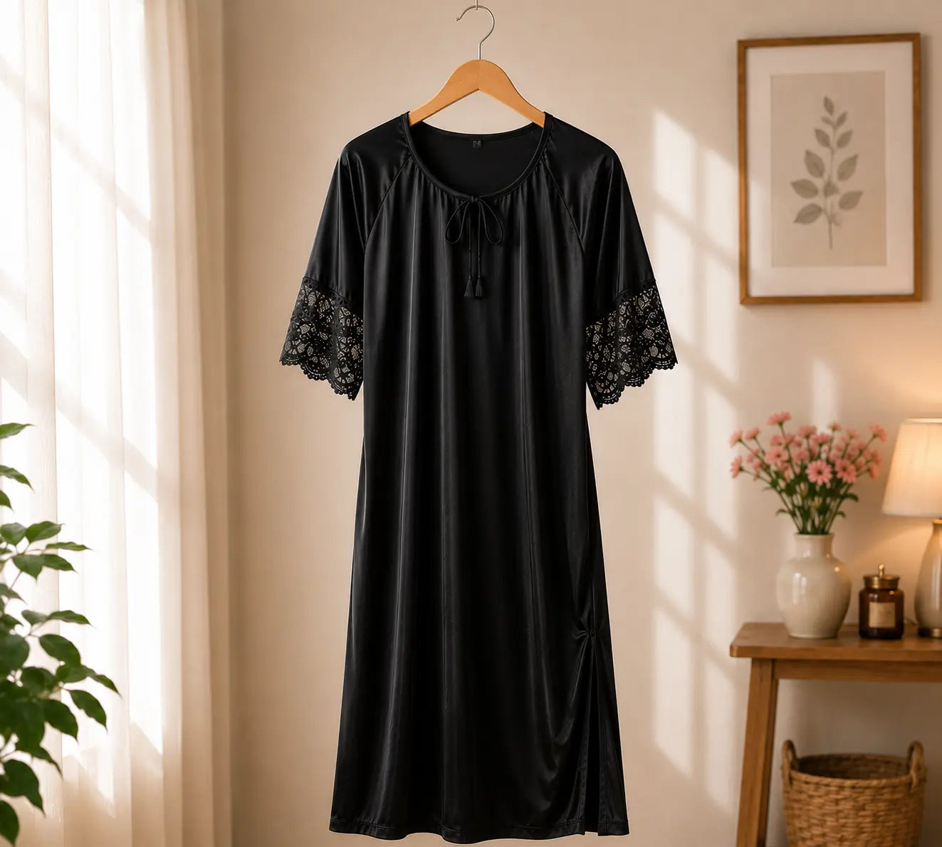 1 Piece Luxury Silk Long Night Gown - Black