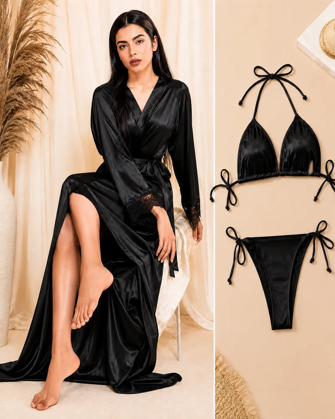 Bikini Nighty with Gown - Black
