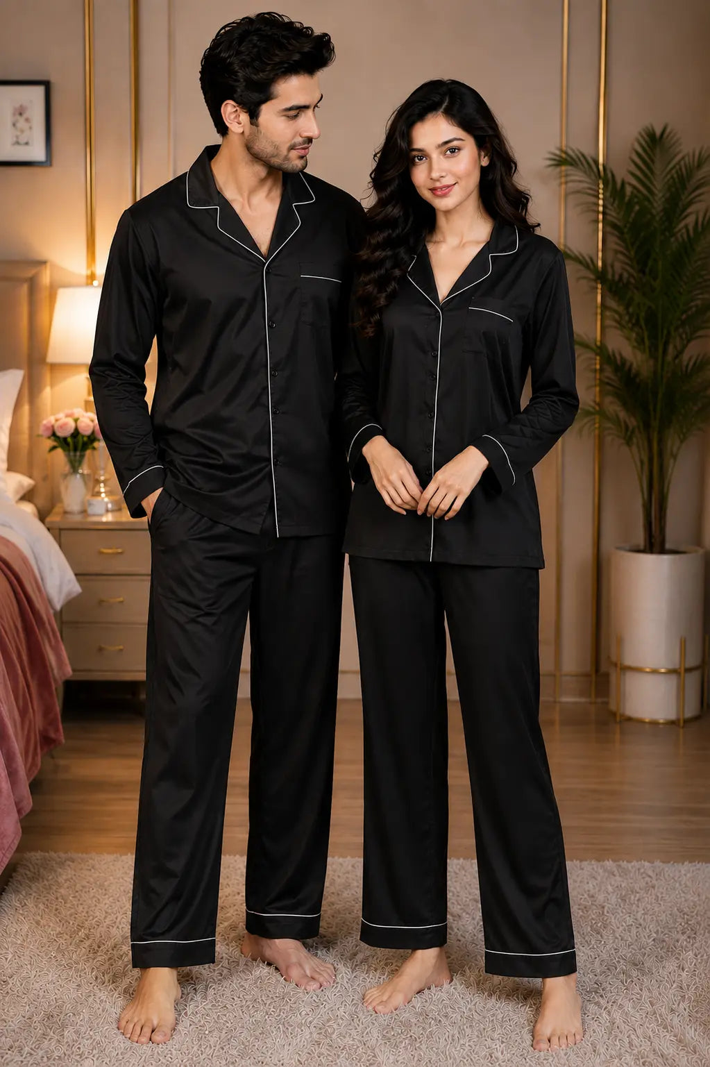 Couple’s Premium Silk Pajama Set - Black