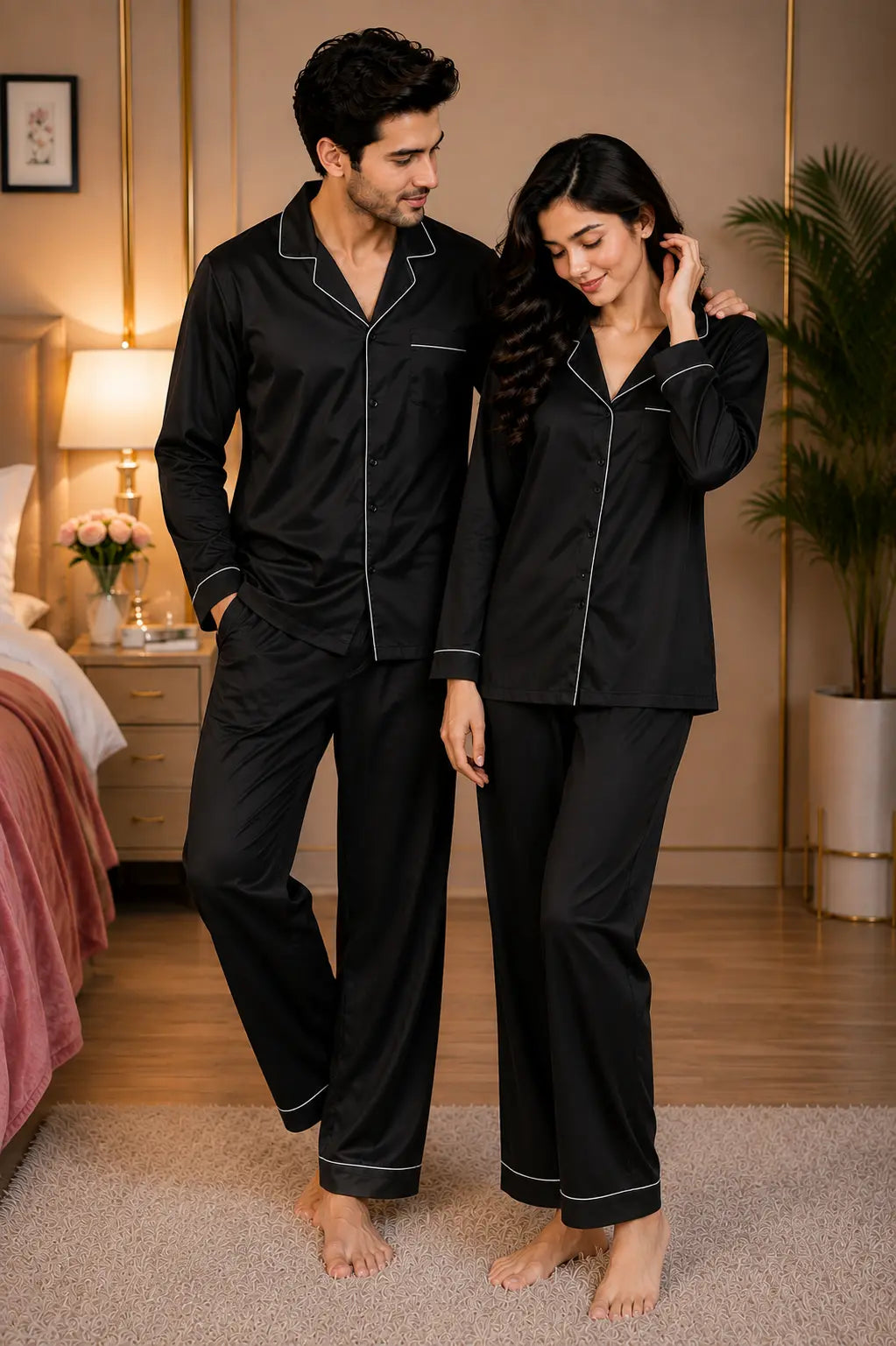 Couple’s Premium Silk Pajama Set - Black