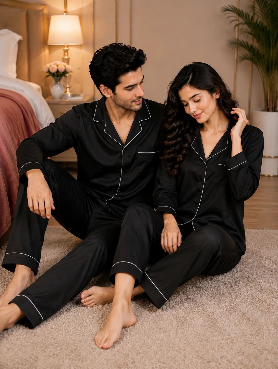 Couple’s Premium Silk Pajama Set - Black