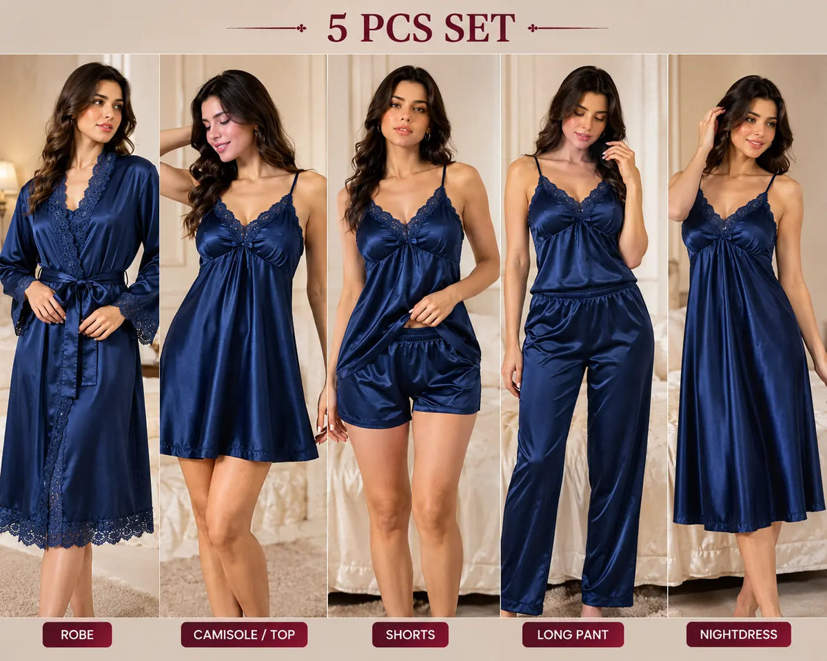 5 Piece Bridal Nighty Set (502) - Blue