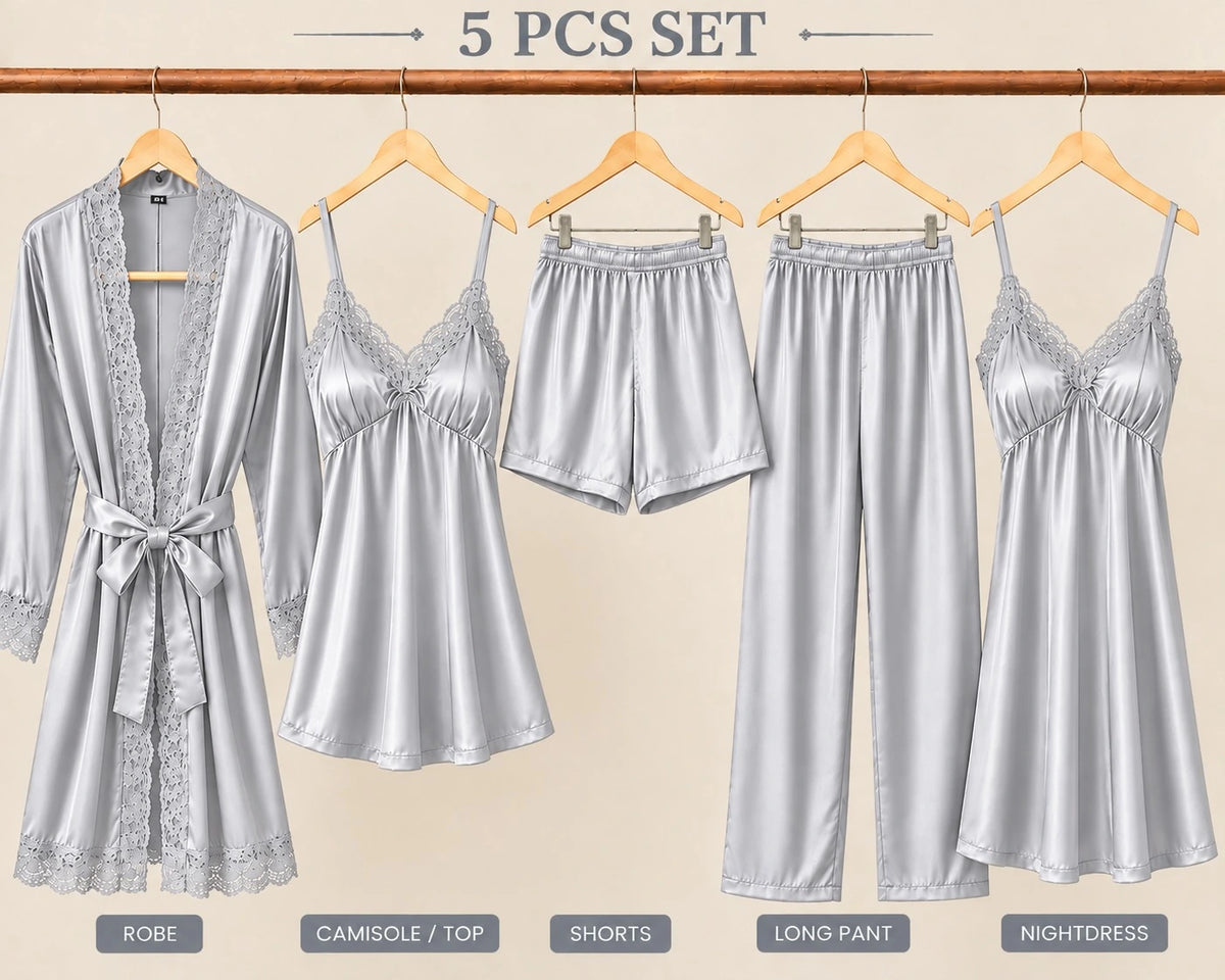 5 Piece Bridal Nighty Set (502) - Grey