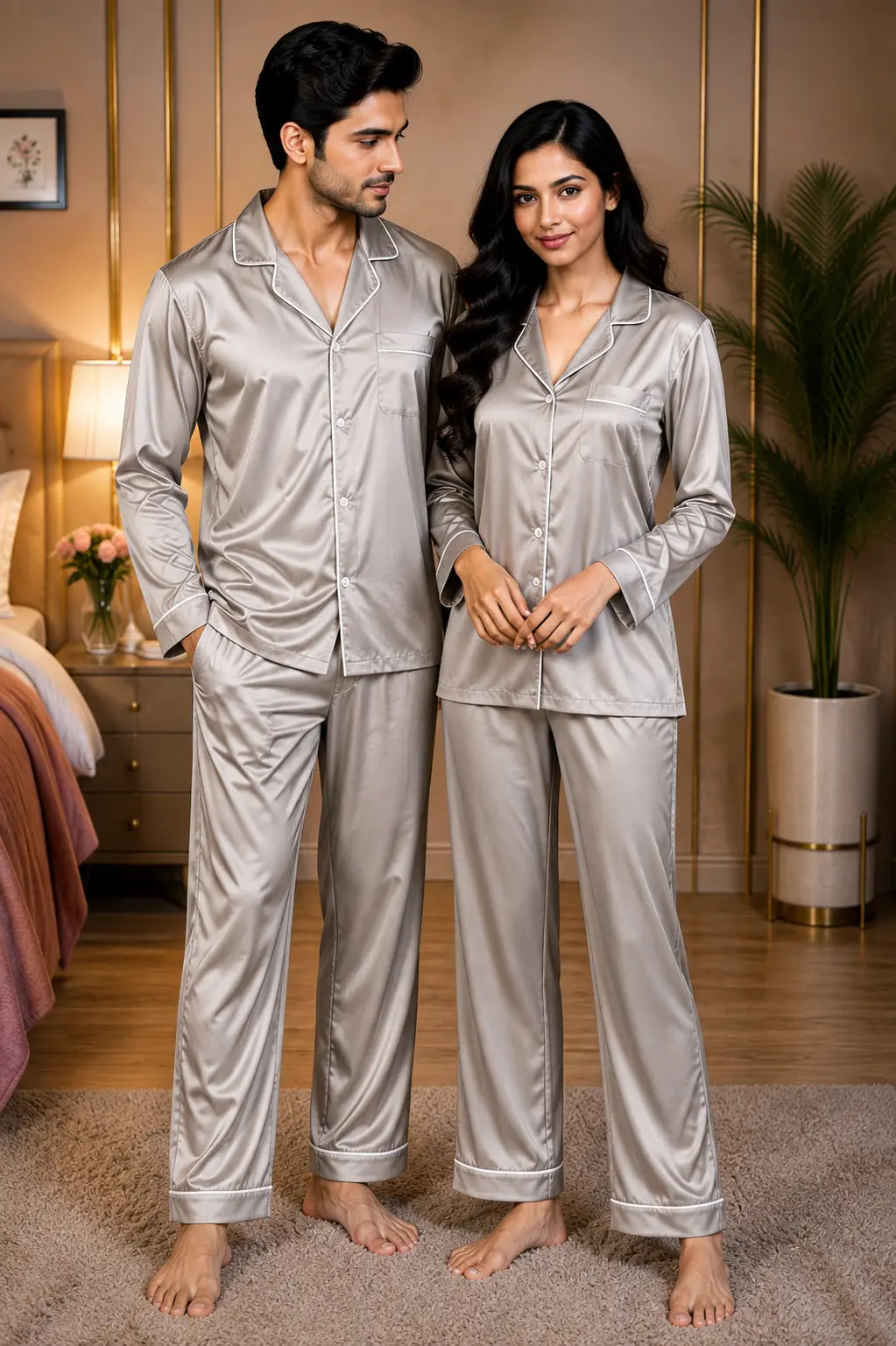 Couple’s Premium Silk Pajama Set - Grey