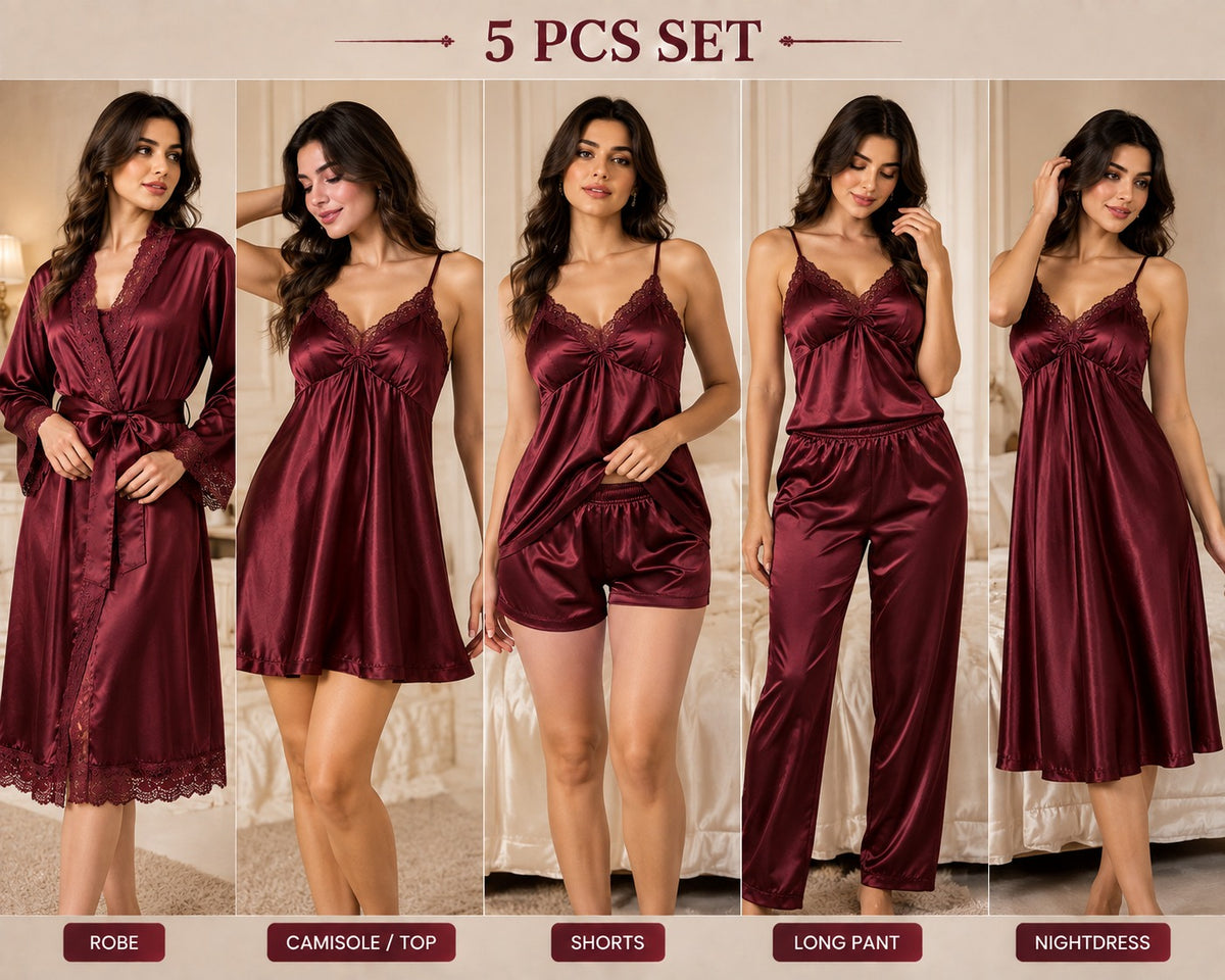 5 Piece Bridal Nighty Set (502) - Maroon