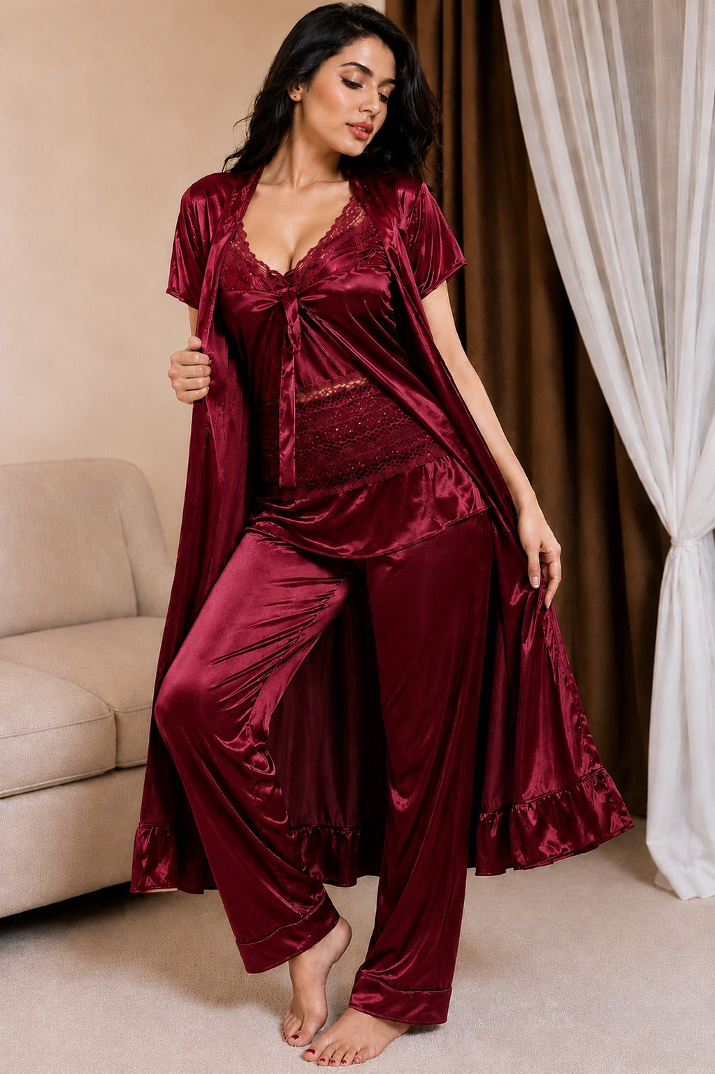 3 Piece Luxurious Nighty Set (301) - Maroon
