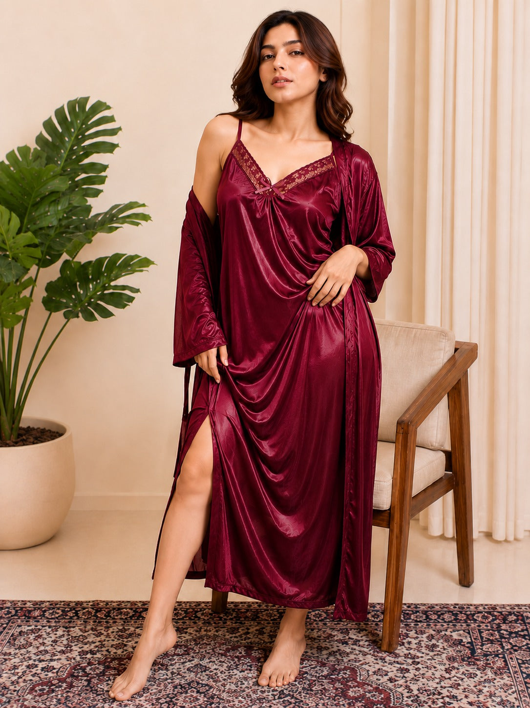 2 Piece Silk Nighty Set Long Gown - Maroon