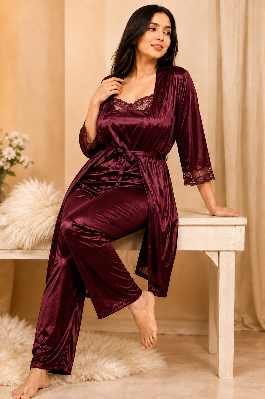 3 Piece Romantic Nighty Set (302) - Maroon