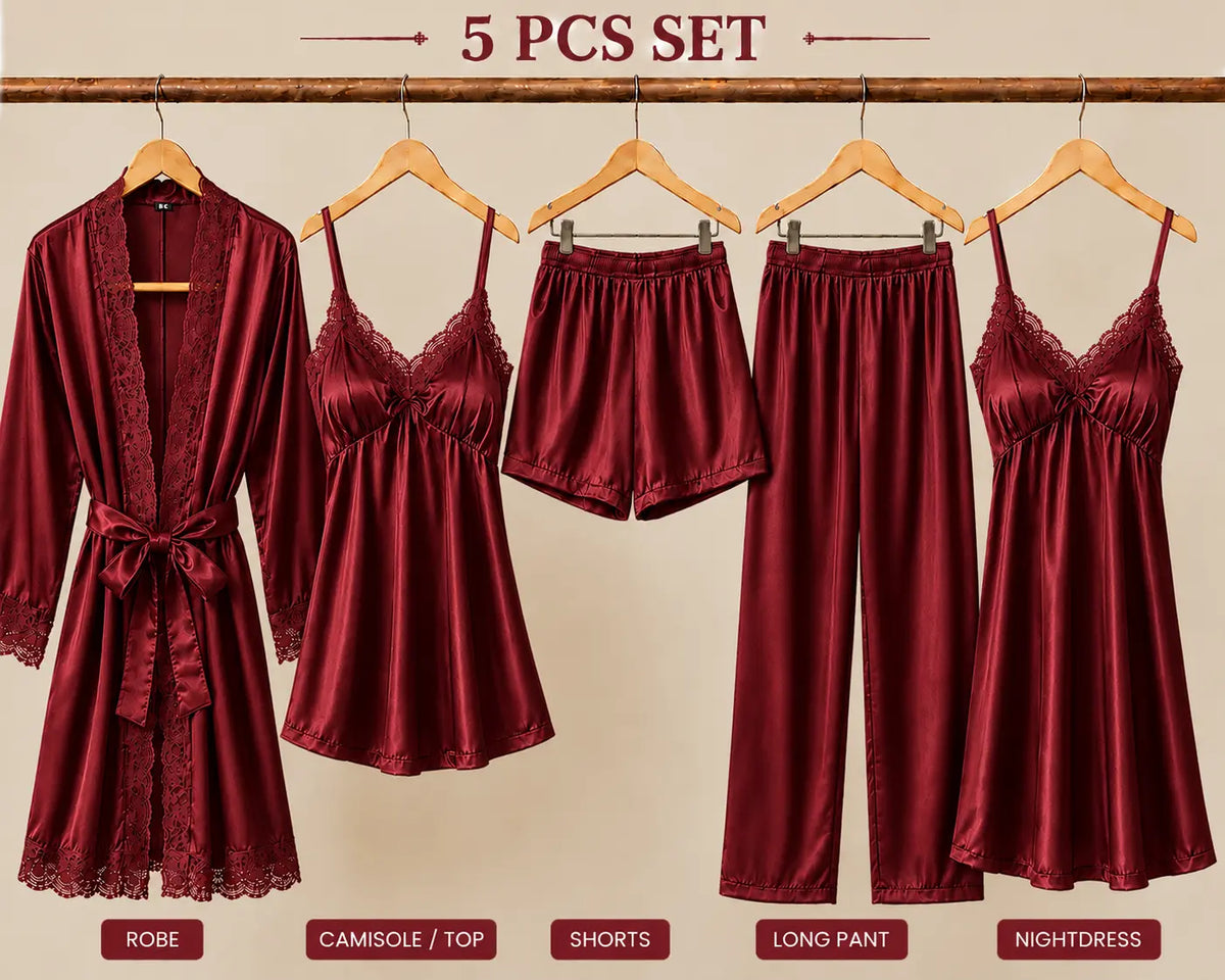 5 Piece Bridal Nighty Set (502) - Maroon