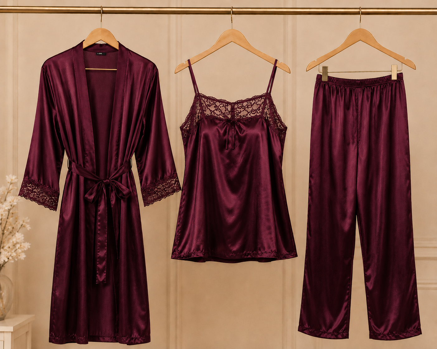 3 Piece Romantic Nighty Set (302) - Maroon