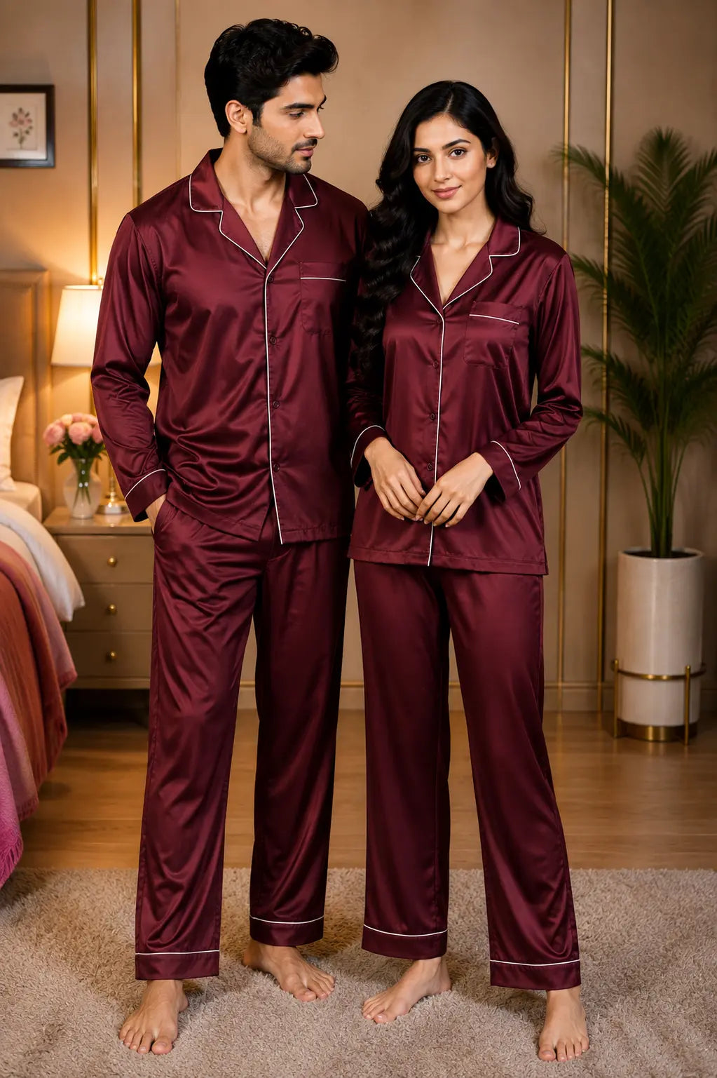 Couple’s Premium Silk Pajama Set - Maroon