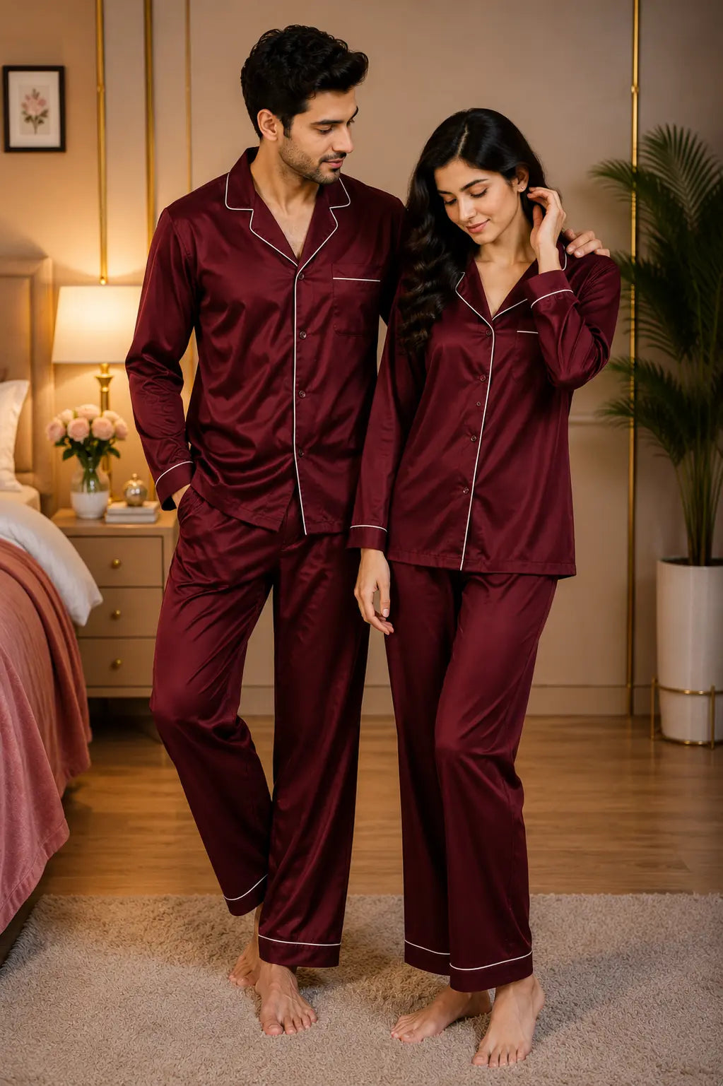 Couple’s Premium Silk Pajama Set - Maroon