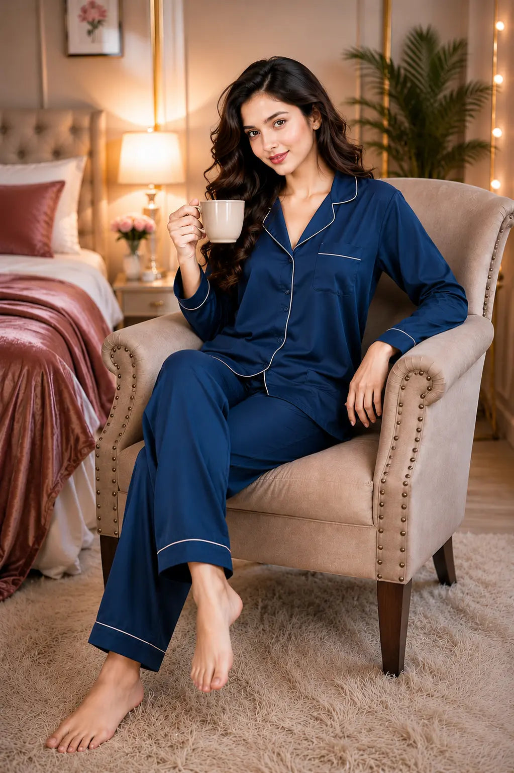 Silk Pajama Set With Scrunchie - Navy Blue
