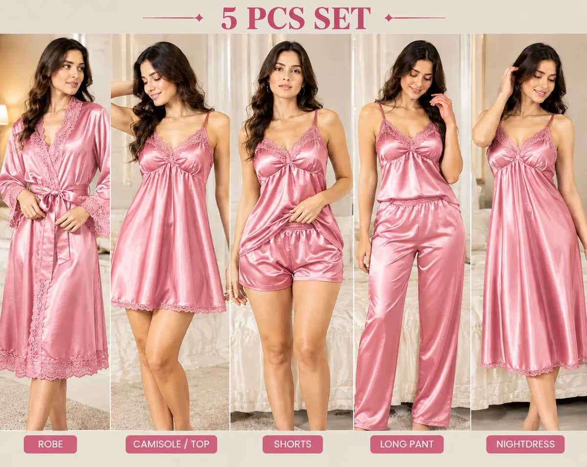 5 Piece Bridal Nighty Set (502) - Pink