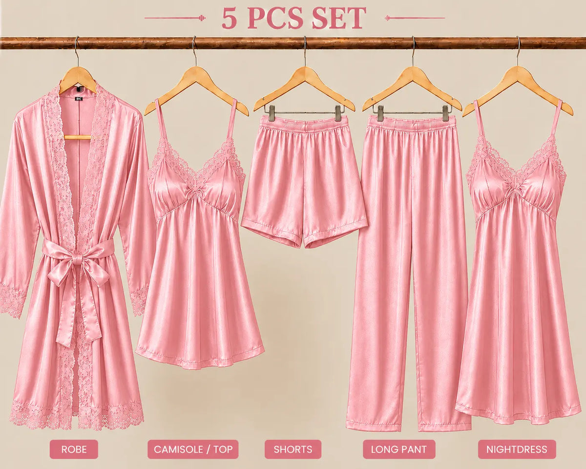5 Piece Bridal Nighty Set (502) - Pink