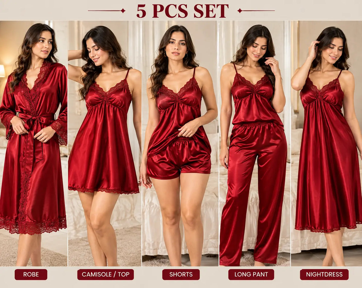 5 Piece Bridal Nighty Set (502) - Red