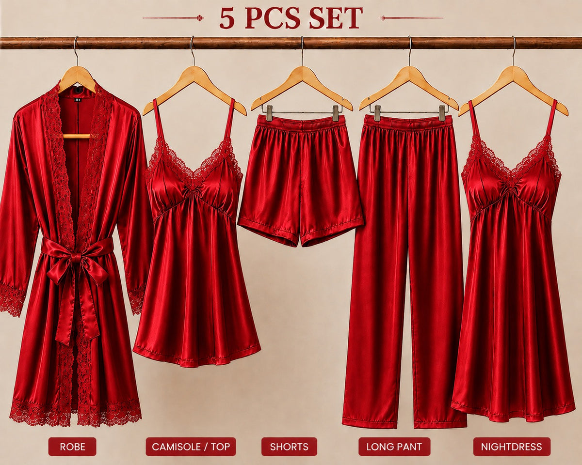 5 Piece Bridal Nighty Set (502) - Red