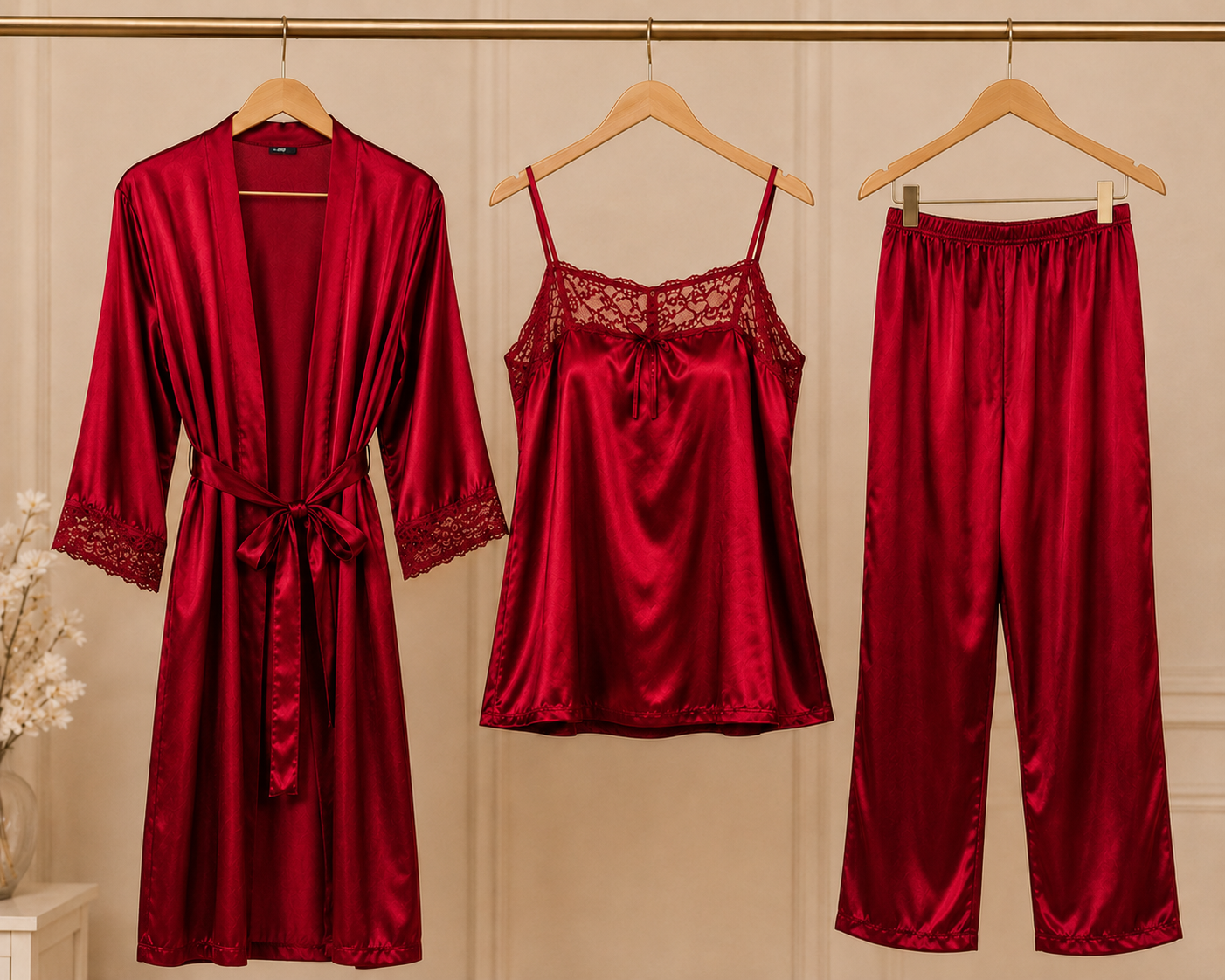 3 Piece Romantic Nighty Set (302) - Red