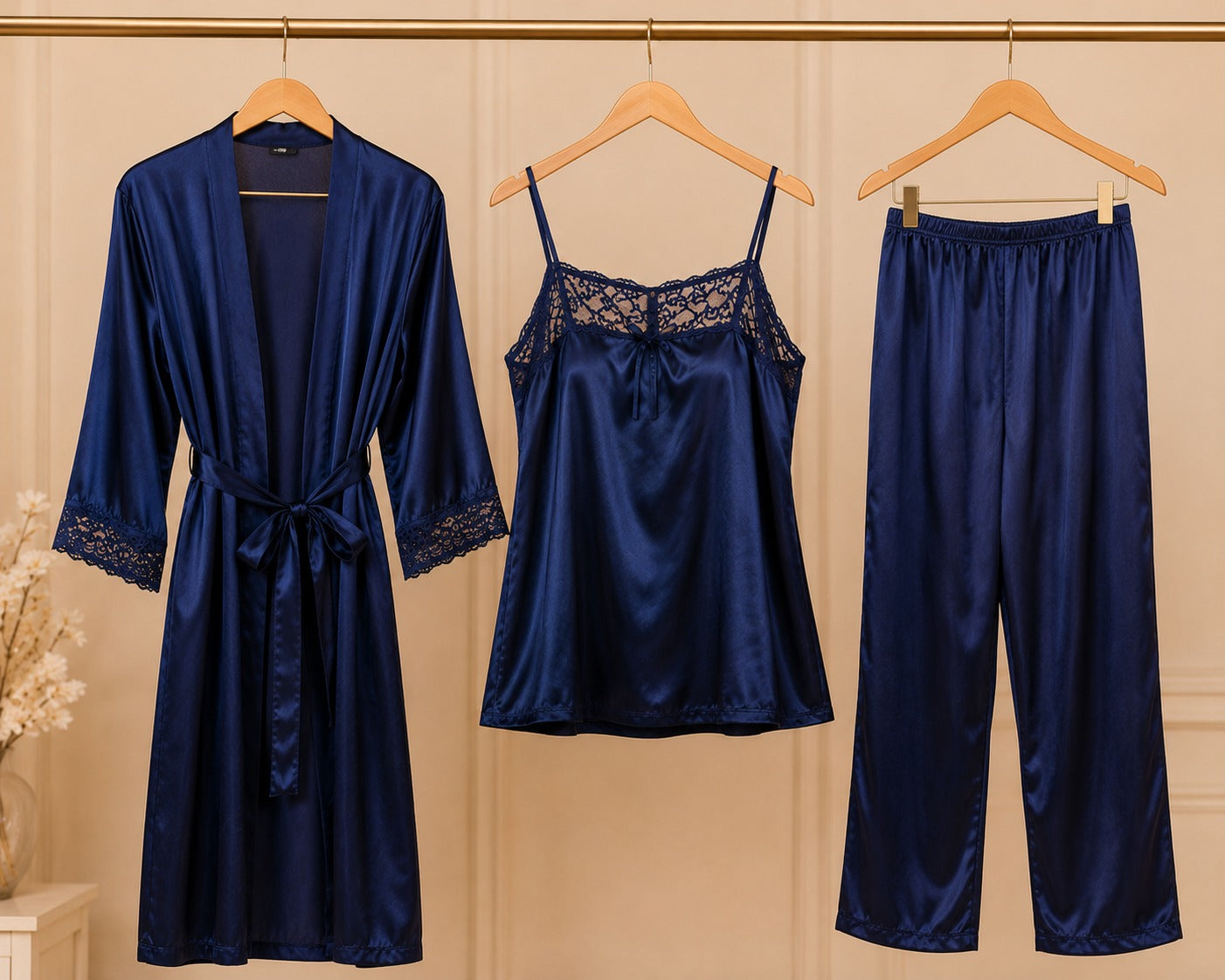3 Piece Romantic Nighty Set (302) - Navy Blue