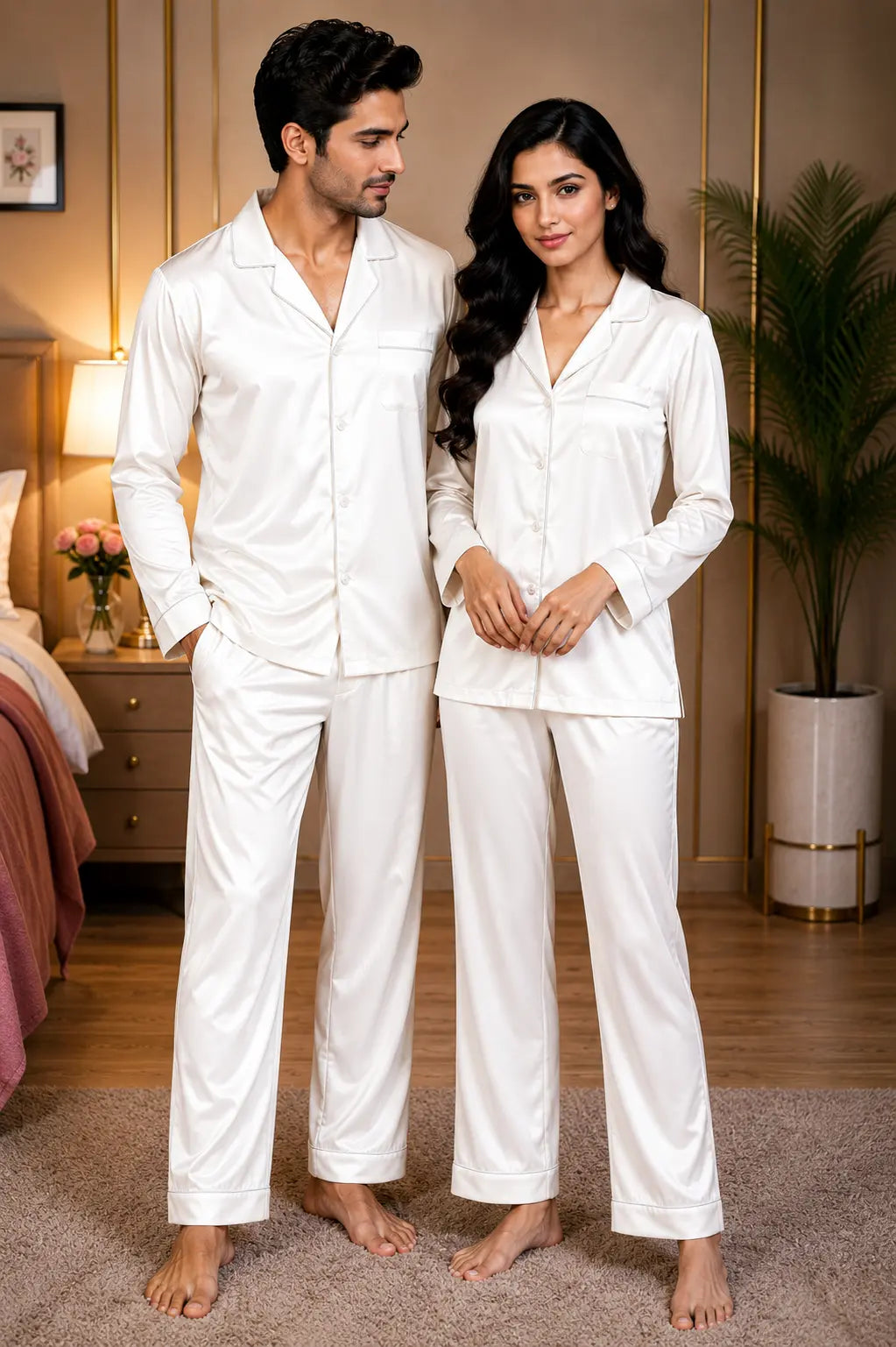Couple’s Premium Silk Pajama Set - White